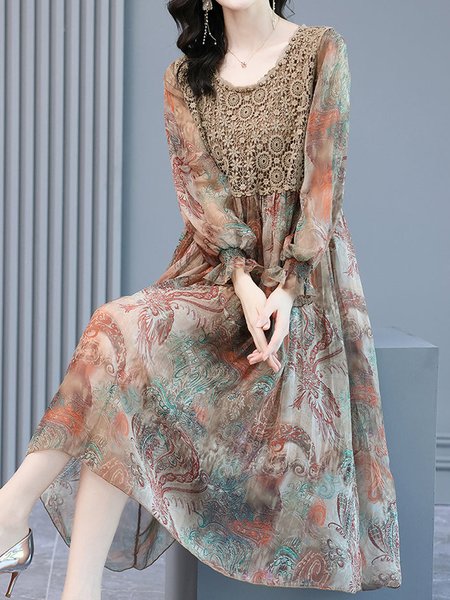 

Women Floral Crew Neck Long Sleeve Comfy Vacation Lace Midi Dress, Khaki, Dresses