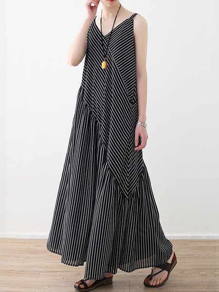 

Women Striped V Neck Gallus Comfy Vacation Maxi Dress, Black-white, Dresses