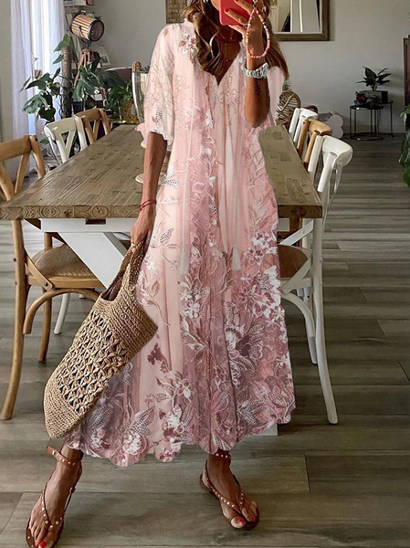 

Women's Half Sleeve Summer Floral Mesh Dress V Neck Daily Going Out Casual Maxi H-Line Pink, Dresses