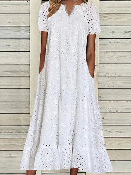 

Elegant Notched Jacquard Bone Lace Plain Dress, White, Dresses