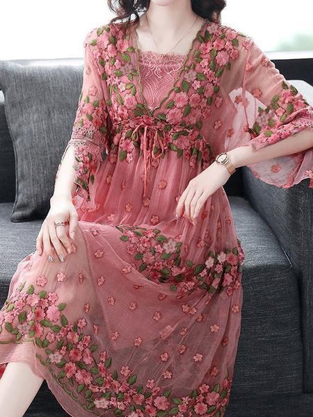 

Women Floral V Neck Half Sleeve Comfy Vacation Lace Midi Dress, Pink, Dresses