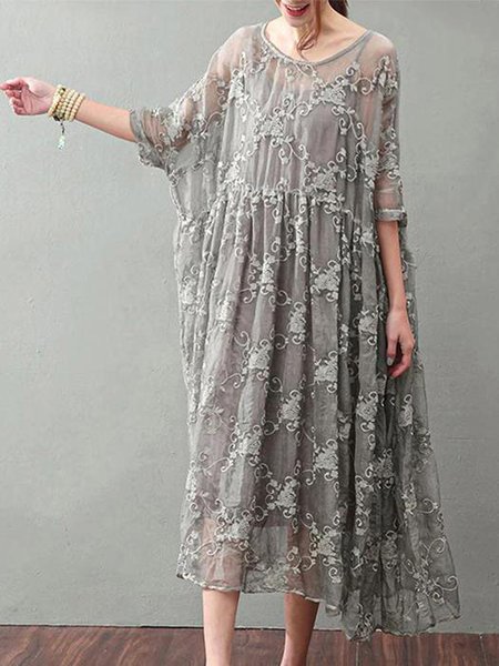 

Women Ethnic Crew Neck Half Sleeve Comfy Casual Midi Dress, Gray, Dresses