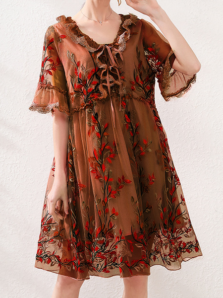 

Women Floral V Neck Half Sleeve Comfy Casual Lace Short Dress, Coffee, Dresses