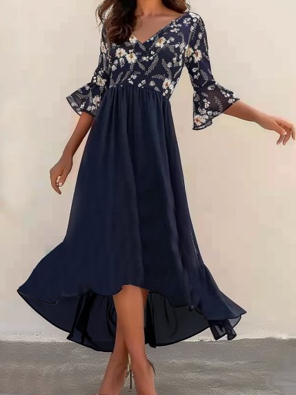 

Elegant Crew Neck Regular Fit Floral Flare Sleeve Dress, Blue, Dresses