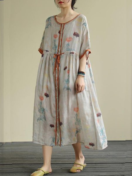 

Women Floral Crew Neck Half Sleeve Comfy Vacation Maxi Dress, Orange red, Dresses