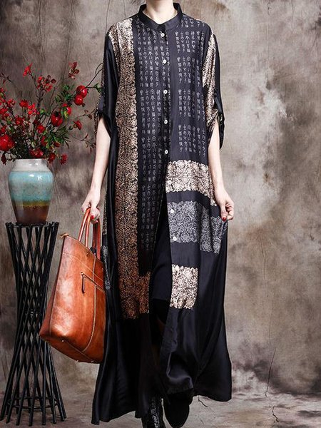 

Women Ethnic Stand Collar Half Sleeve Comfy Casual Maxi Dress, Black, Dresses