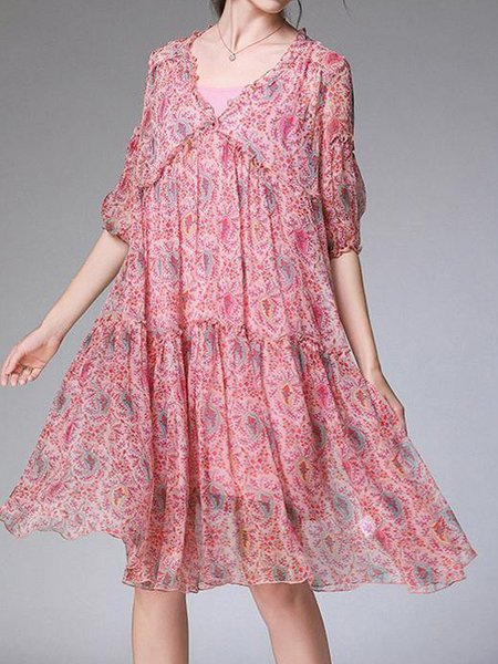 

Women Floral V Neck Three Quarter Sleeve Comfy Vacation Midi Dress, Red, Dresses