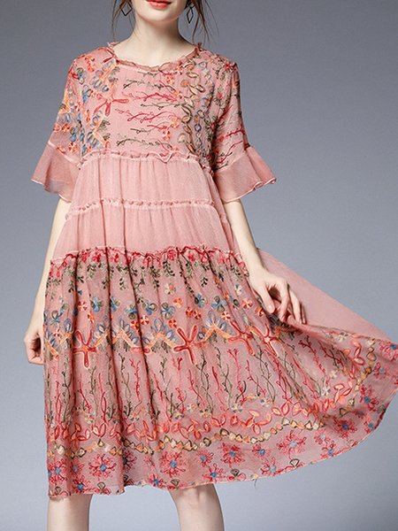 

Women Floral Crew Neck Short Sleeve Comfy Casual Lace Short Dress, Pink, Dresses