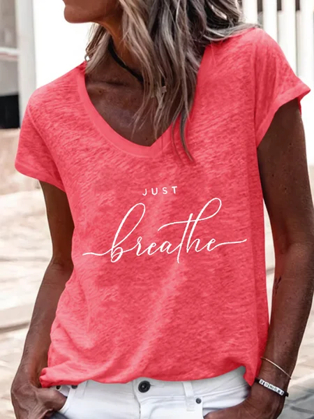 

Women's Just Breathe Cotton-Blend Text Letters Casual T-Shirt, Pink, T-shirts