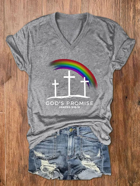 

Women's God's Promise Cross Print Text Letters V Neck Casual T-Shirt, Light gray, T-shirts