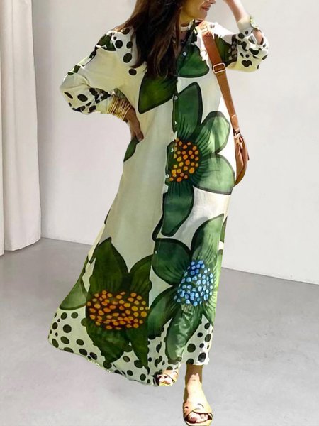 

Stand Collar Vacation Floral Loose Dress, Green, Maxi Dresses