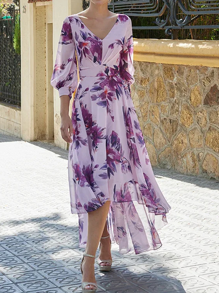 

Floral V Neck Chiffon Elegant Dress, Purple, Dresses