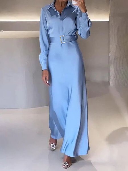 

Plain Satin Shirt Collar Urban Dress With Belt, Blue, Maxi Dresses
