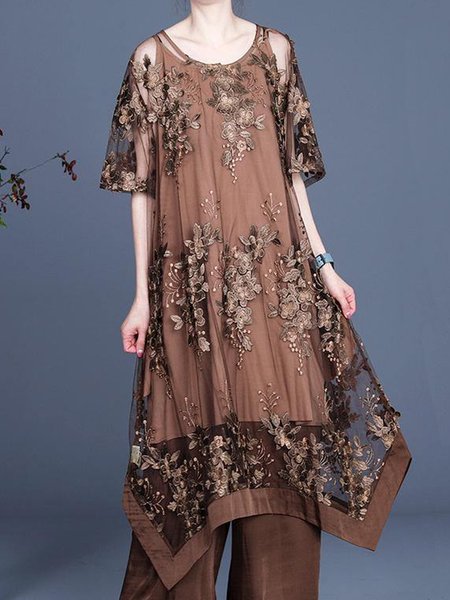 

Women Floral Crew Neck Half Sleeve Comfy Vacation Split Joint Midi Dress, Coffee, Dresses