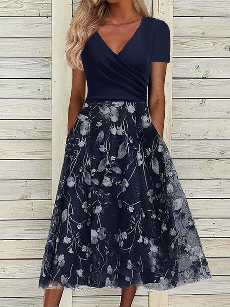 

Crew Neck Floral Elegant Dress, Blue, Dresses
