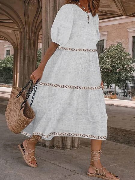Crew Neck Simple Linen Style Dress, White, Maxi Dresses