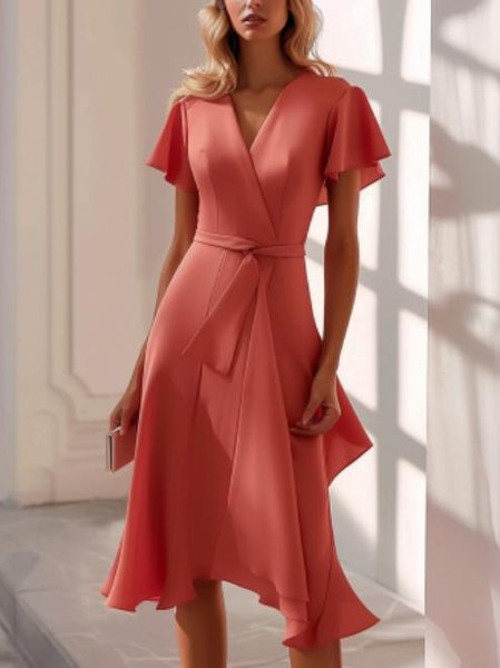 

Regular Fit Elegant Plain Dress With Belt, Coral, Dresses
