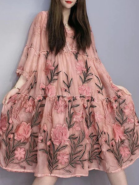 

Women Floral V Neck Half Sleeve Comfy Vacation Midi Dress, Pink, Dresses