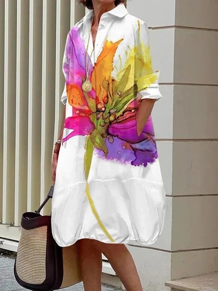 

Daily Shirt Collar Floral Casual Dress, White, Midi Dresses