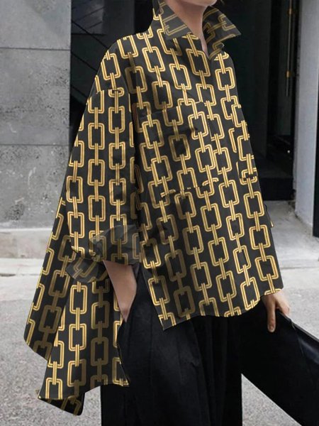 

Casual Shirt Collar Chain Print Loose Blouse, Black, Blouses and Shirts