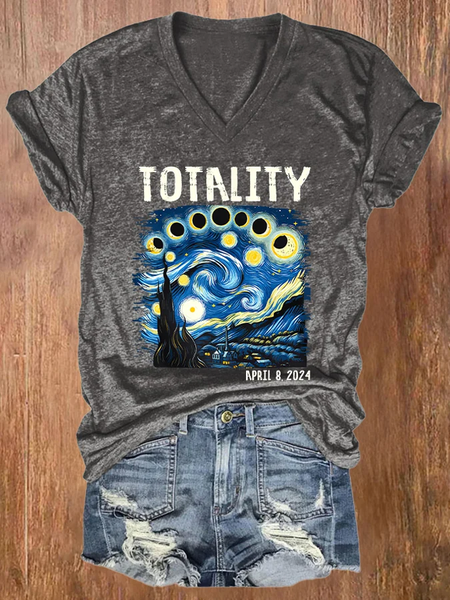 

V-neck Retro Starry Night & Totality Solar Eclipse Of April 8, 2024 Print T-Shirt, Deep gray, T-shirts