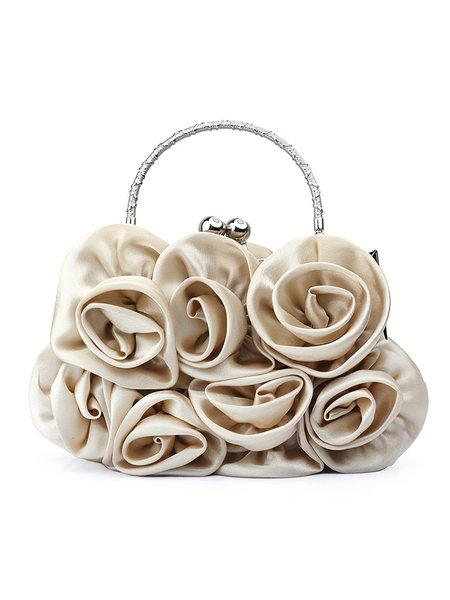 

Elegent Flower Decorated Satin Metal Handle Evening Clutch with Chain Strap, Champagne, Bags