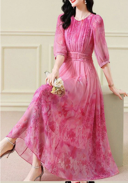 

Women Floral Crew Neck Long Sleeve Comfy Casual Maxi Dress, Pink, Dresses