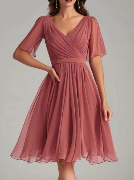 Elegant Chiffon V Neck Dress With No, Coral, Dresses