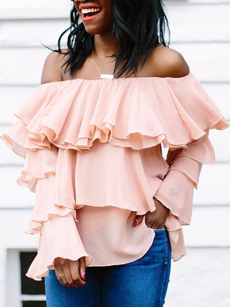 

Boat Neck Long Sleeve Plain Regular Loose Shirt For Women, Pink, Blouses