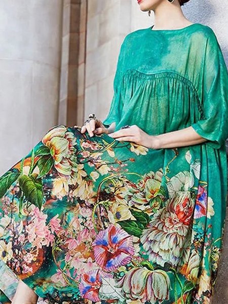 

Women Floral Crew Neck Half Sleeve Comfy Casual Midi Dress, Green, Dresses