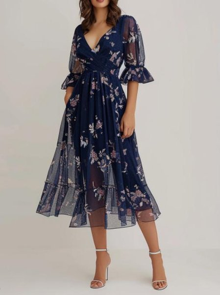 

V Neck Elegant Floral Dress, Dark blue, Dresses