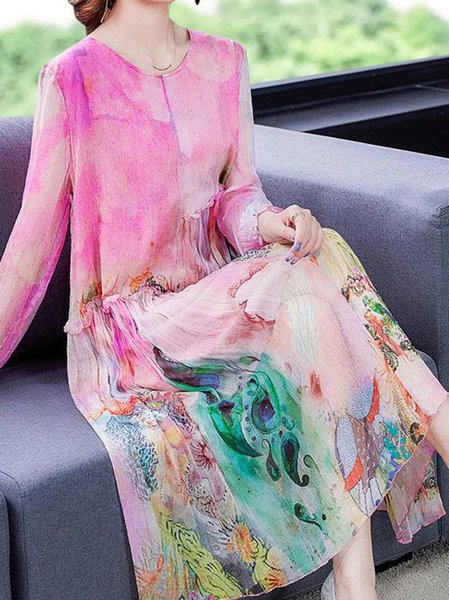 

Women Ethnic Crew Neck Long Sleeve Comfy Vacation Midi Dress, Pink, Dresses