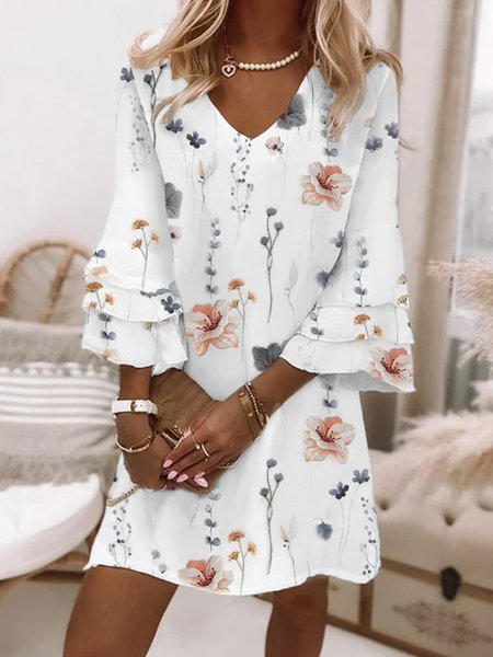 

Women Floral V Neck Half Sleeve Comfy Casual Short Dress, White, Short