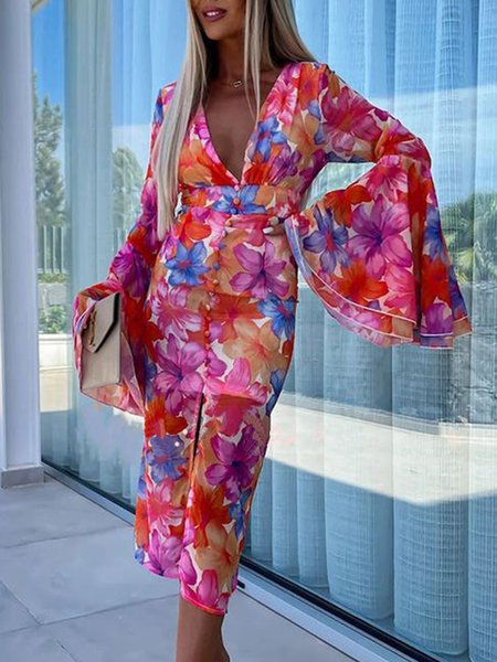

Long Sleeve Floral Regular Fit Vacation Chiffon Dress, Red, Midi Dresses