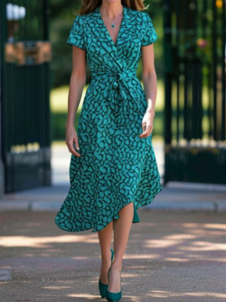 

Cross Elegant Dress With Belt, Green, Dresses