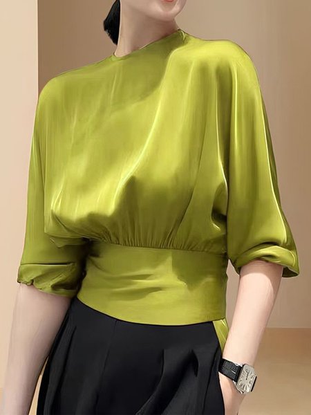 

Plain Elegant Crew Neck Regular Fit Shirt, Yellow, Blouses and Shirts