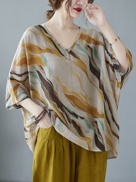 

V Neck Half Sleeve Striped Regular Loose Shirt For Women, Yellow, Blouses