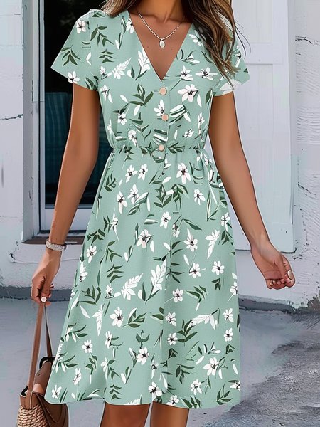 

Casual V Neck Floral Dress With No, Green, Dresses