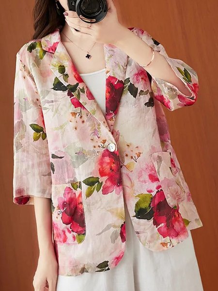 

Lapel Collar Three Quarter Sleeve Floral Regular Loose Blouse For Women, Pink, Cardigans