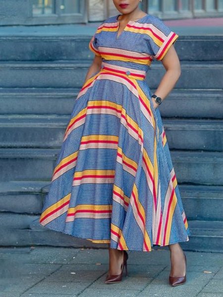 

Short Sleeve Urban V Neck Striped Regular Fit Dress, Blue, Midi Dresses