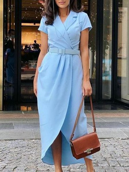 

Elegant Lapel Collar Regular Fit Dress With Belt, Blue, Midi Dresses