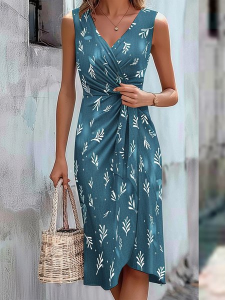 

Cross V Neck Elegant Floral Dress, Blue, Dresses