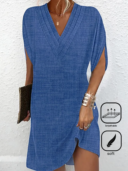 

Women's Plain Cap Sleeve Summer Dress V Neck Daily Casual Mini H-Line Dress, Blue, Dresses