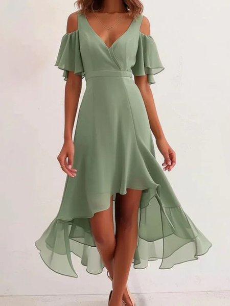 

Plain Elegant Chiffon V Neck Dress With No, Green, Dresses