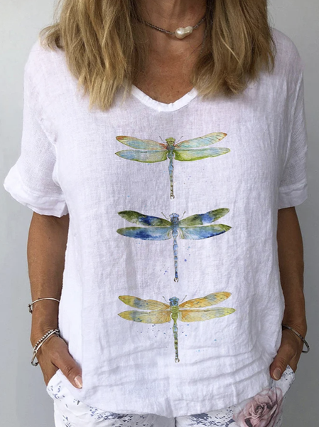 

Women's Short Sleeve Blouse Summer Dragonfly Cotton V Neck Daily Going Out Casual Top White, Blouses