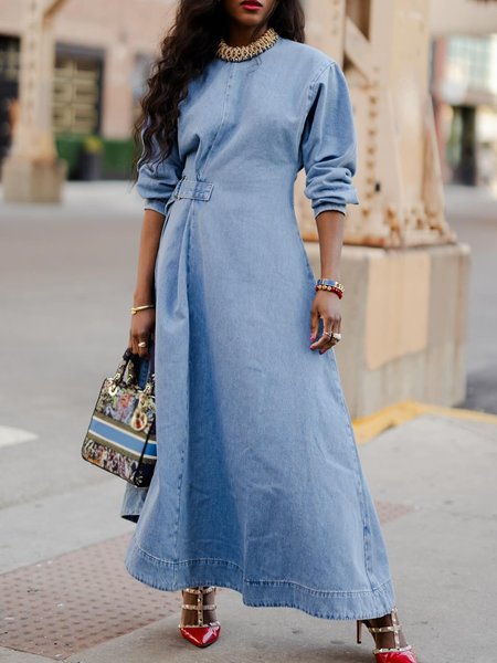

Casual Plain Crew Neck Denim Dress With Belt, Blue, Maxi Dresses