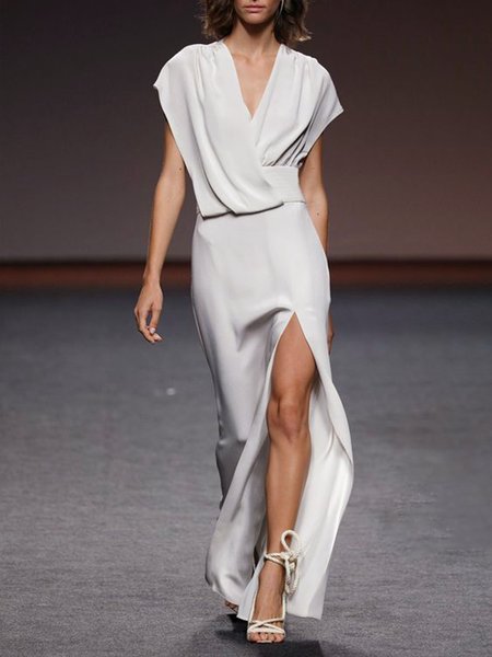 

Short Sleeve Elegant Regular Fit V Neck Dress, White, Maxi Dresses