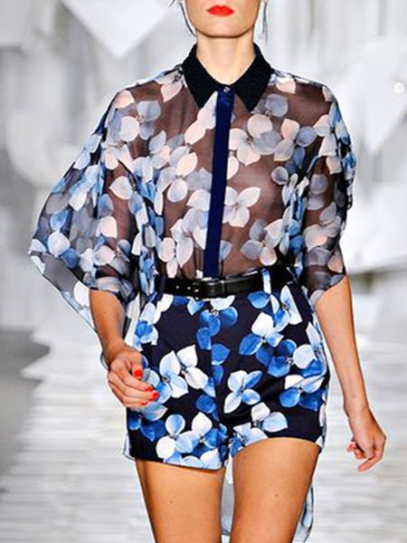 

Half Sleeve Shirt Collar Floral Chiffon Urban Blouse, Blue, Blouses and Shirts