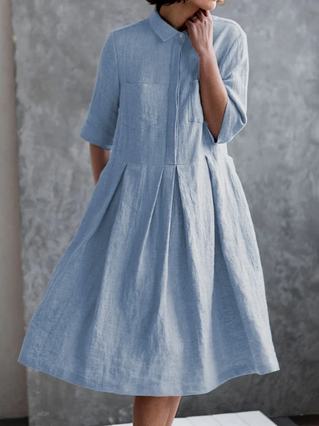 

Shirt Collar Casual Linen Style Dress, Blue, Midi Dresses