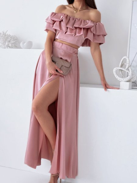 

Women Plain Boat Neck Short Sleeve Comfy Vacation Maxi Dress, Pink, Dresses